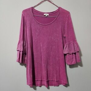 Umgee USA Womens Magenta Mineral Wash Tiered Ruffle Bell Sleeve Top Medium